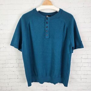 The Kooples Mens L Compact Knitted Sport Raglan Short Sleeve Henley Sweater Teal